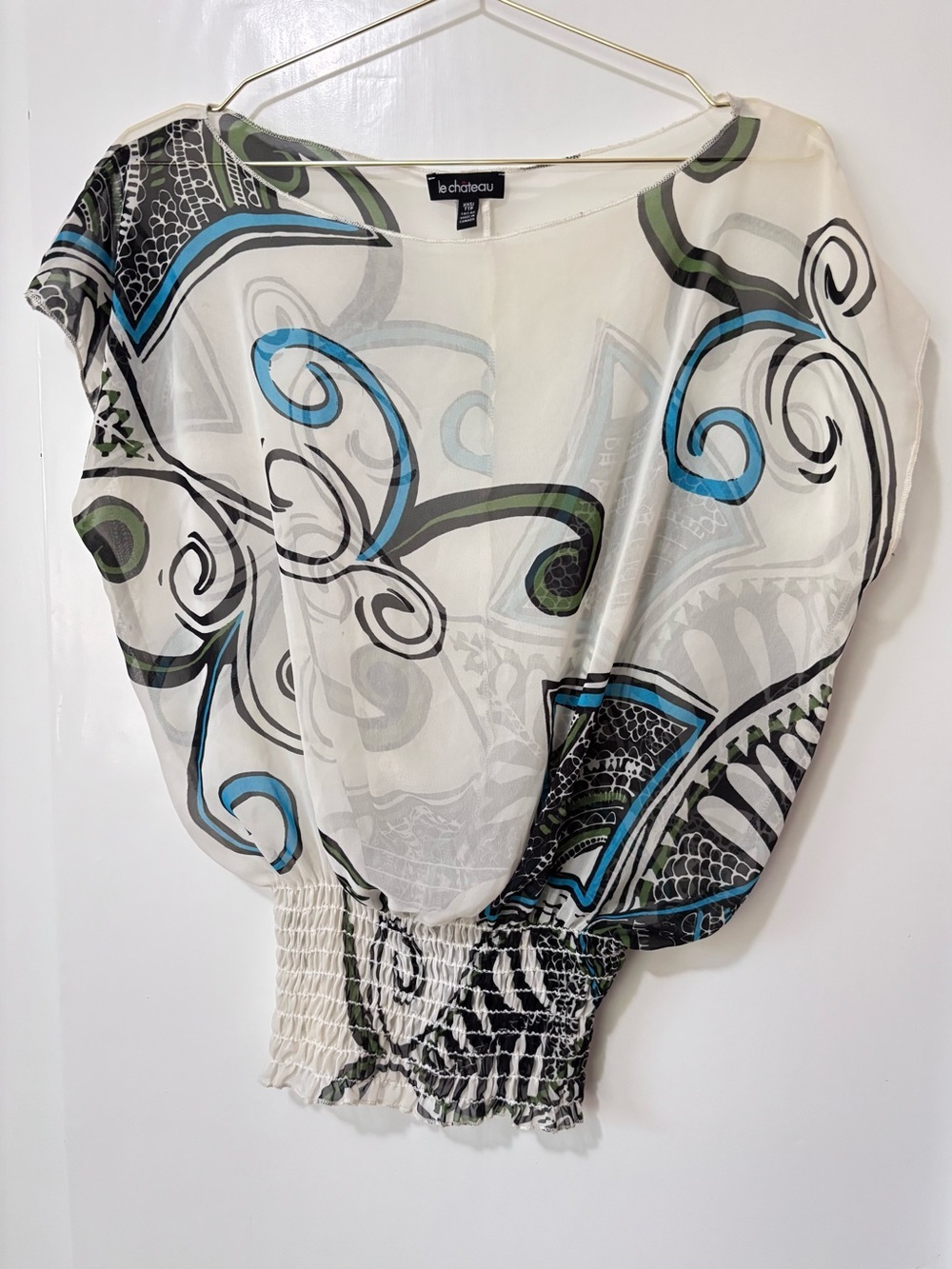 le chateau| Vintage Art Nouveau White Blue Black Sheer Smocked Blouse Sz XXS